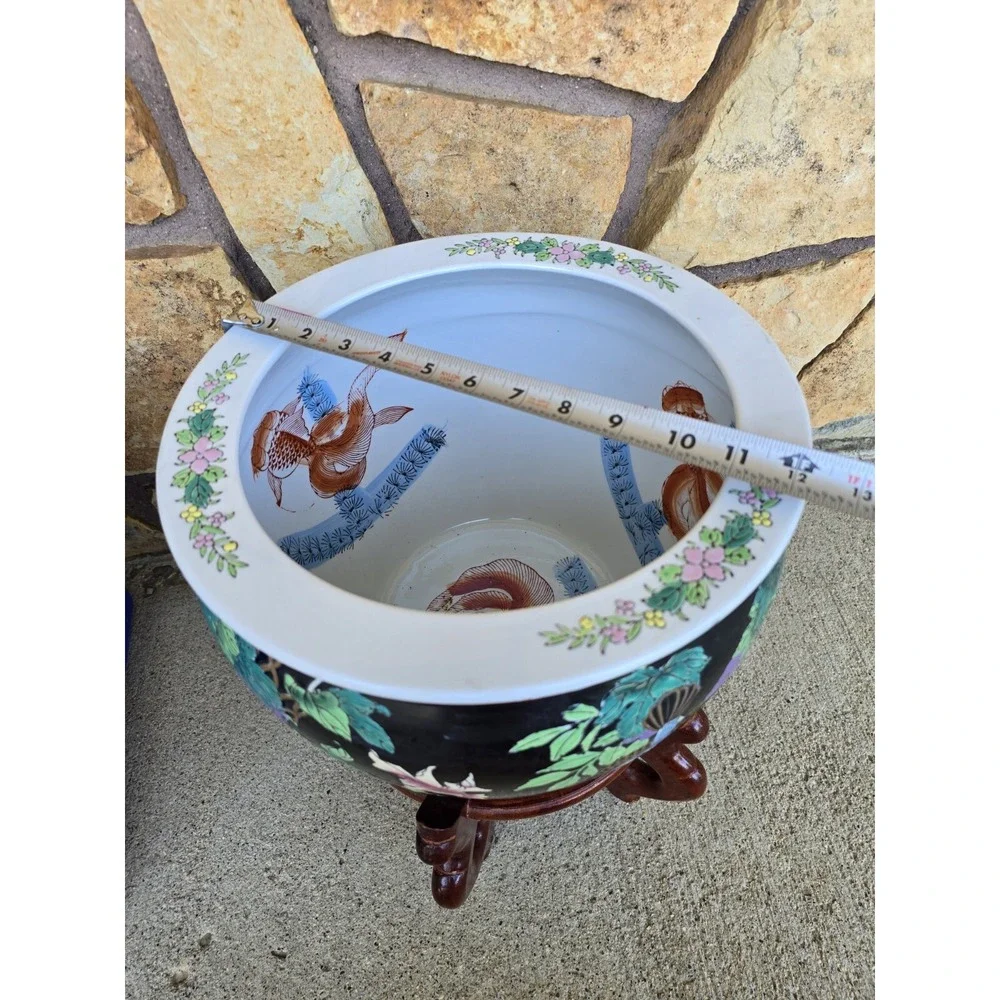 Chinese Fish Bowl Birds And Grapes With Stand Koi Pot